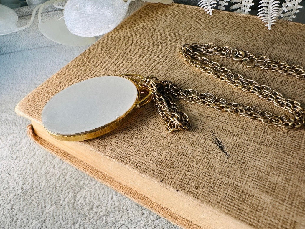 Victorian Pendant Necklace, Vintage Floral Cameo Necklace, Whimsical Cottagecore Long Gold Tone Chain with Romantic Glass Flower Pendant