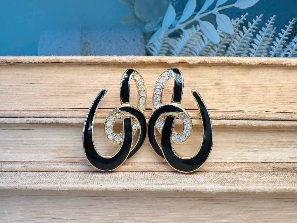 Vintage Trifari Earrings, Gorgeous Abstract Black Enamel and Rhinestone Earrings, Geometric Pierced Earrings, Deadstock Designer Vintage
