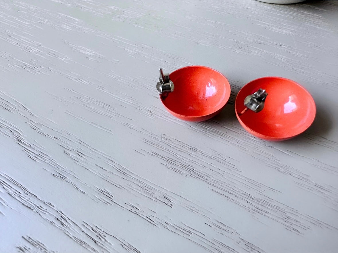 Coral Orange Vintage 1970's Stud Earrings, Round Geometric Opaque Enamel Earrings, Vintage Pierced Post Earrings, Pop of Color