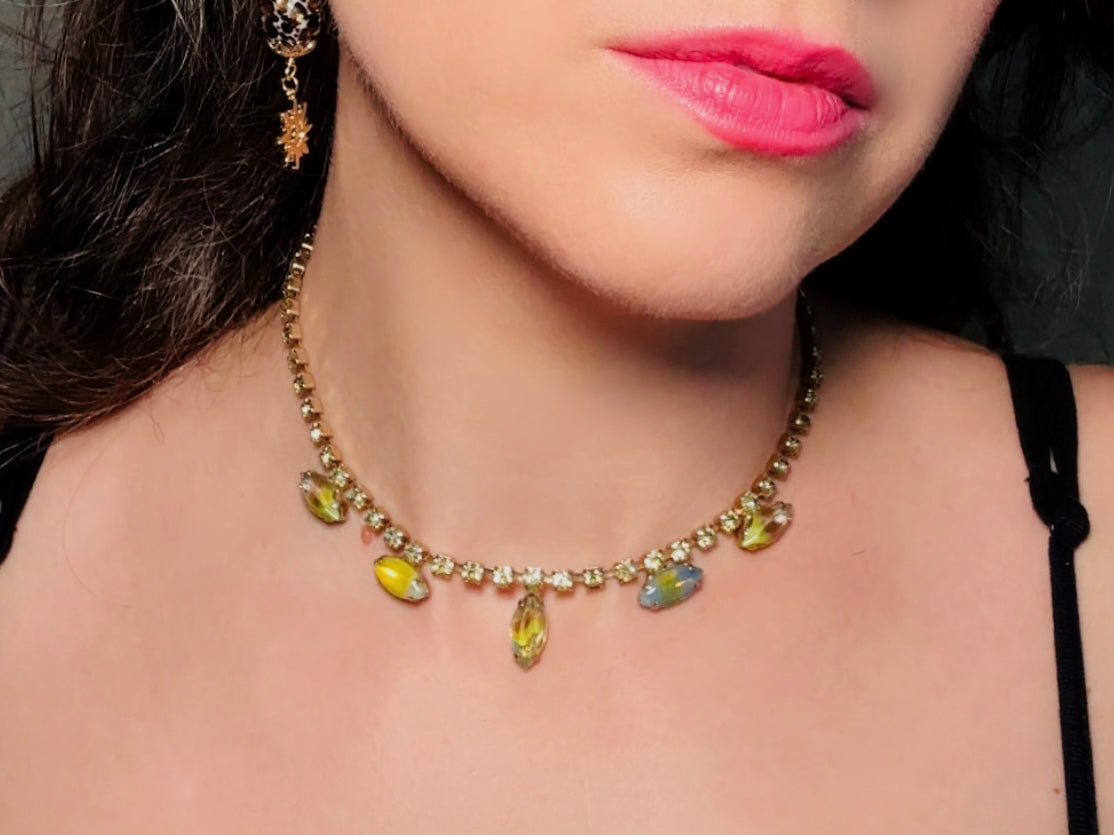 Vintage Tennis Necklace, Gorgeous Green Faux Opal 15" Crystal Choker Necklace with Prong Set Green Rhinestones and Colorburst Marquise Glass Stones