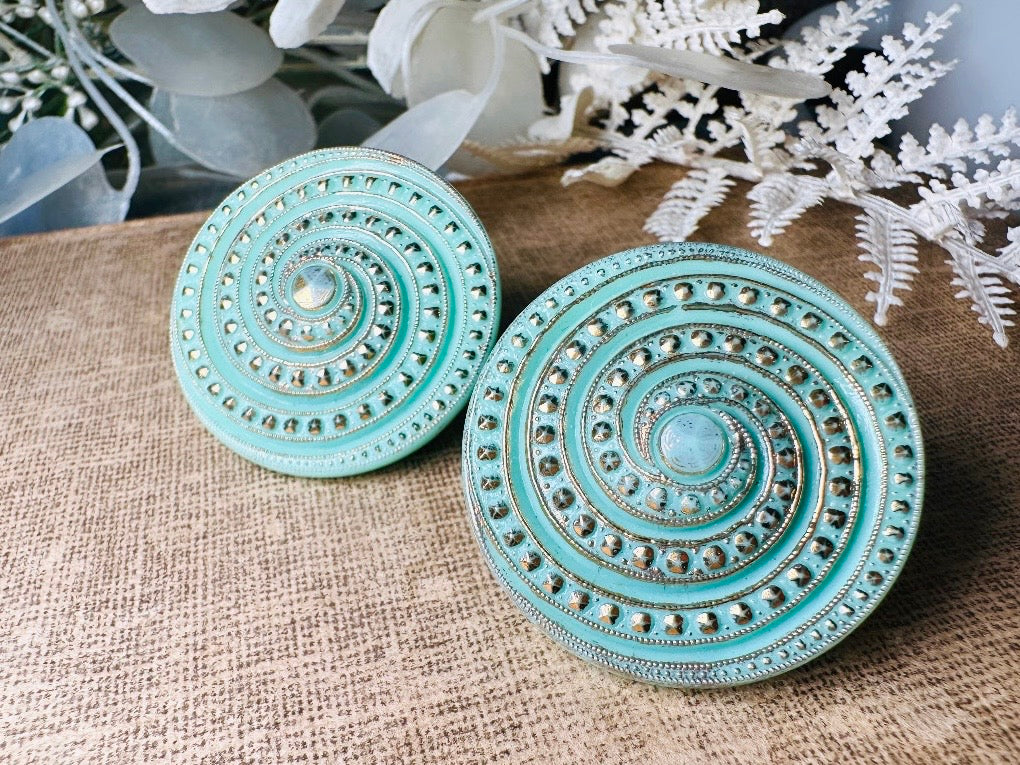 Vintage Mint Glass Earrings, Incredibly Unique Gold Spiral Disc Clip Ons, Seafoam Green Oversized Art Deco Vintage Statement Earrings