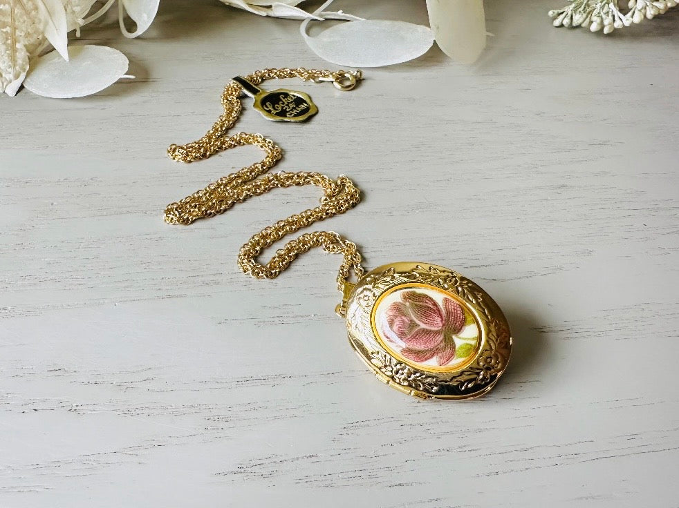 Flower Locket Necklace, Vintage Gold Chain with Plum Rose Cameo,