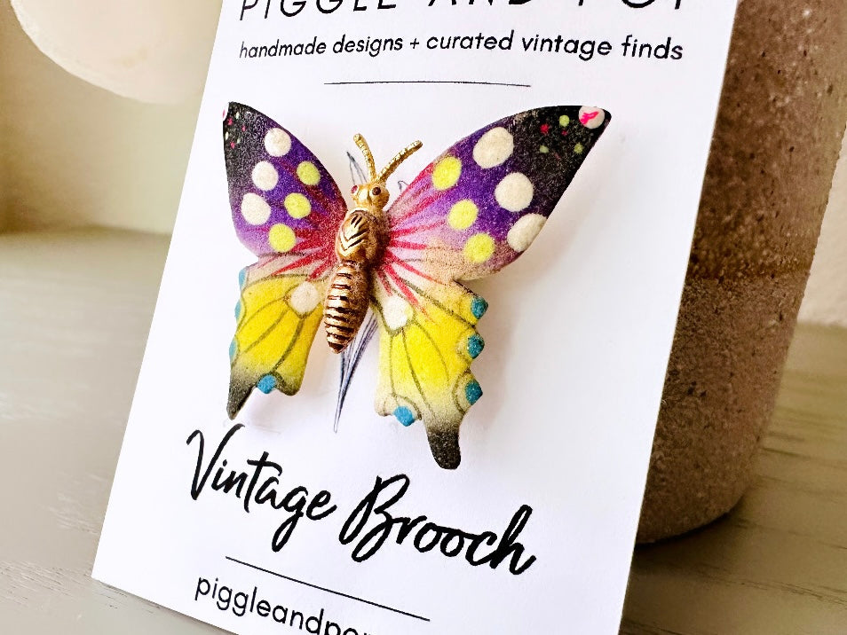 Colorful Butterfly Brooch, Pretty Vintage Enamel Butterfly Pin, Beautiful Purplr Pink Yellow and Gold Tone Butterfly Broach, Spring Fashion