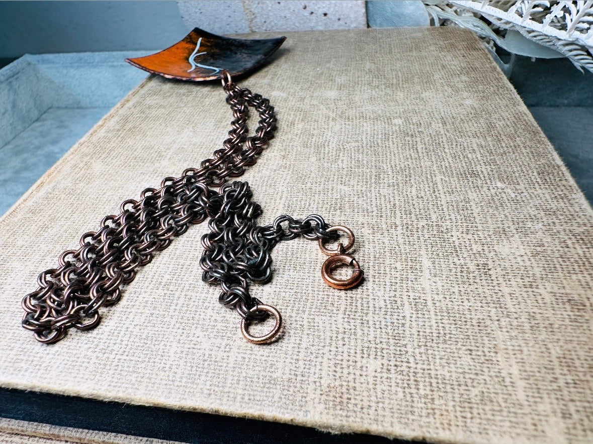 Vintage Pendant Necklace, Copper Artisan Necklace with Orange Black and White Enamel, 18" Chain Funky Abstract Retro Necklace