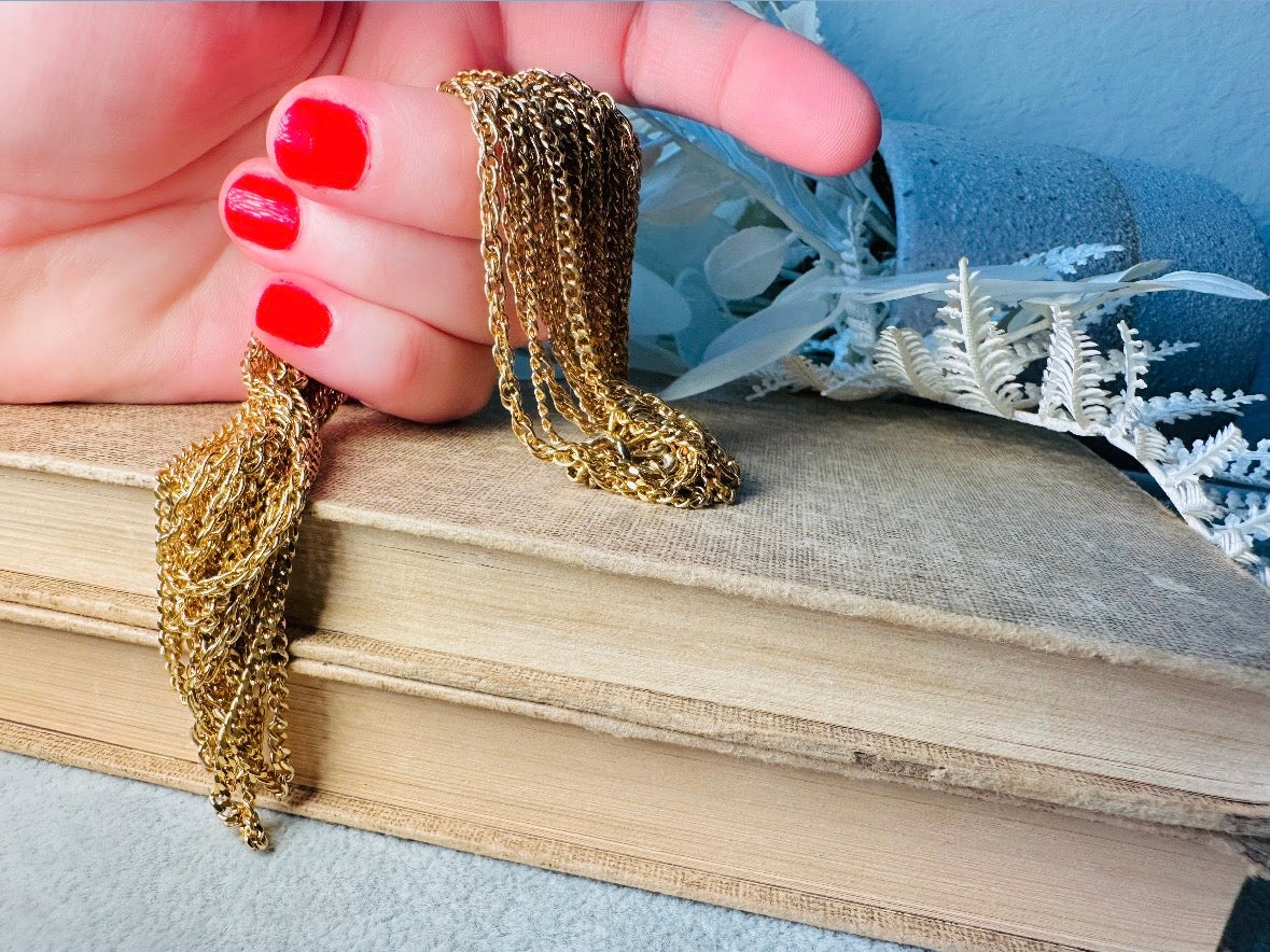 Vintage Gold Chain Multistrand Necklace, Gorgeous 8 Strand Fine Gold Chain Layered Necklace with Beautiful Butterfly Clasp