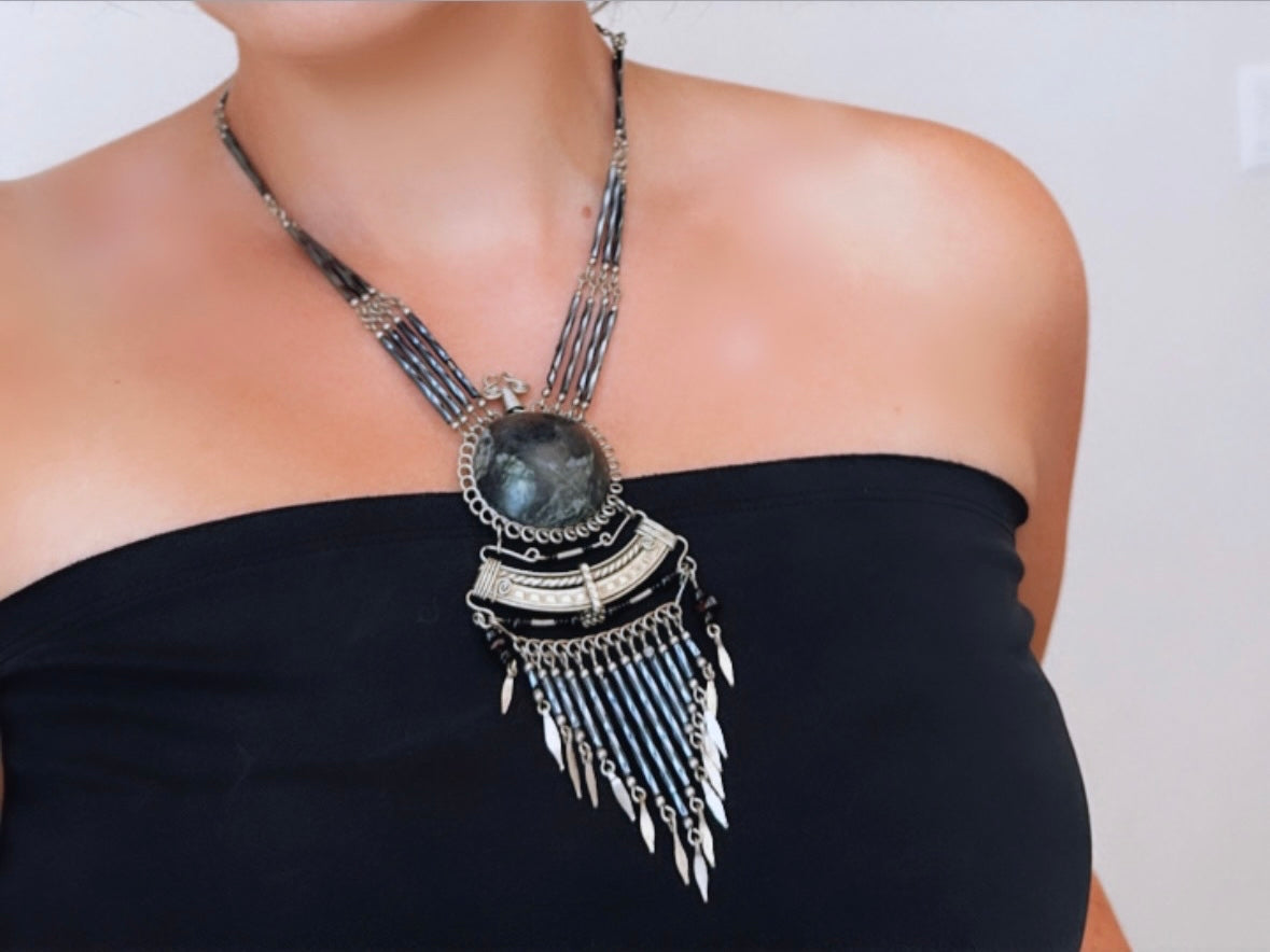 Vintage Peruvian Wire Work Necklace, Bohemian Metal Fringe Silver Grey Stone Necklace, Dramatic Boho Pendant Necklace