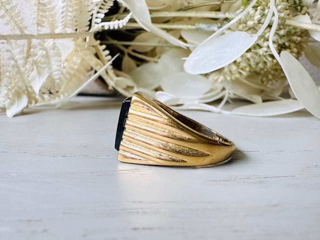 Onyx Signet Ring in Gold, Vintage 1940s Men's Cocktail Ring