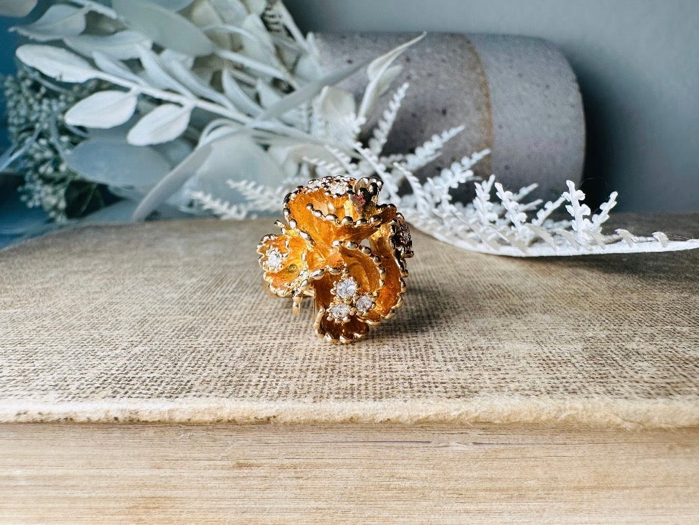 Vintage Statement Ring, Napier Ruffled Gold Flower Ring with Swarovski Crystal Accents, Chunky Multi Stone Cocktail Ring 18K Size 6 EUC