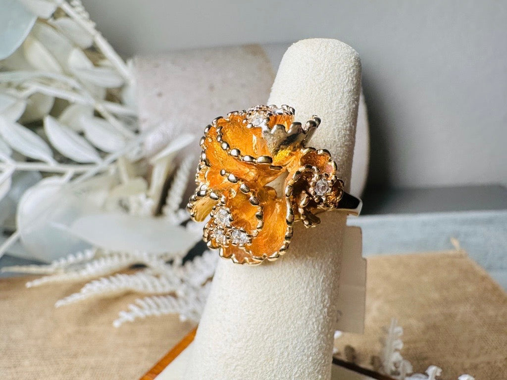 Vintage Statement Ring, Napier Ruffled Gold Flower Ring with Swarovski Crystal Accents, Chunky Multi Stone Cocktail Ring 18K Size 6 EUC