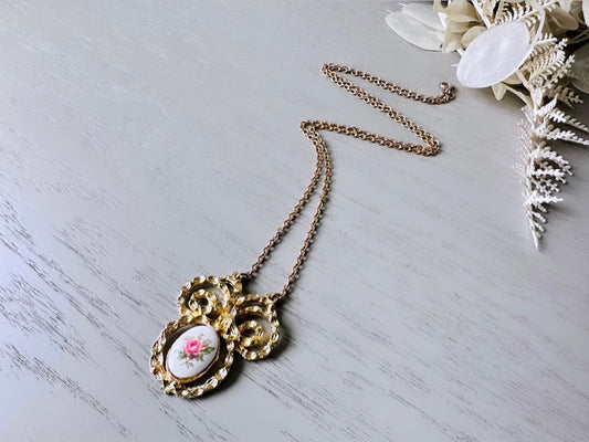 Pink Rose Cameo Necklace, Vintage Gold Tone Floral Pendant Necklace, Whimsical Porcelain Rose Flower Pendant Necklace, Long 24" Gold Chain