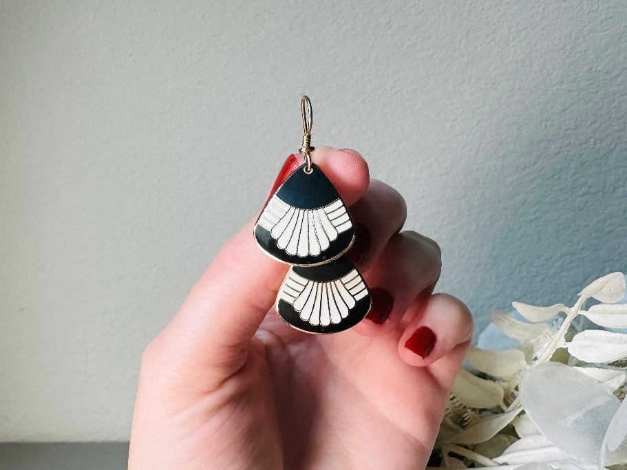 Laurel Burch Waterfall Earrings, Black and White Enamel Gold Plated 1980s Vintage Earrings, Cloisonne Dangle Earrings, French Ear Wires