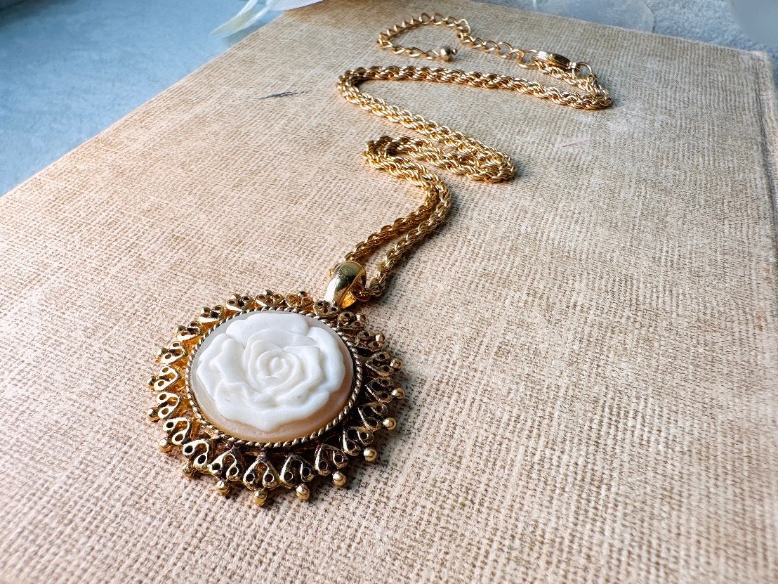 Vintage Rose Necklace, Floral Cameo Pendant Necklace, White Rose