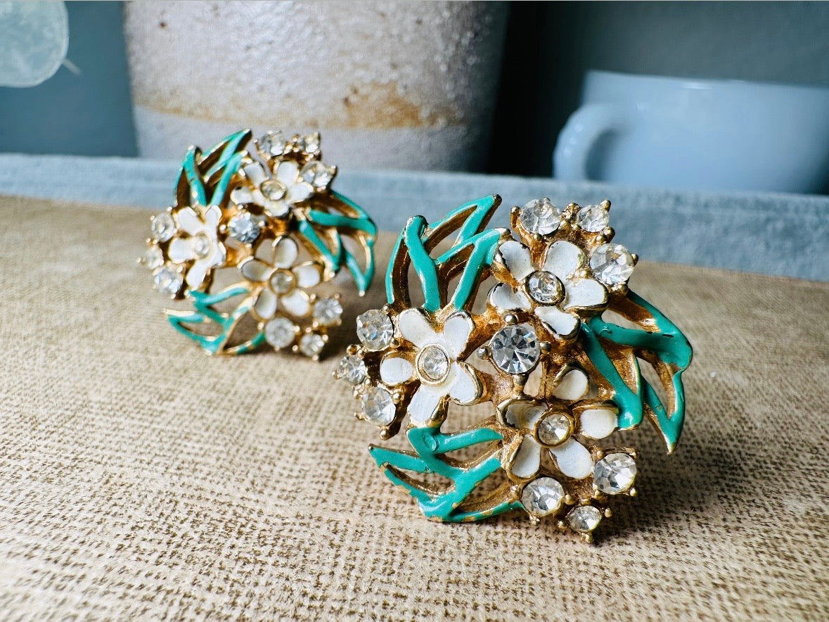Vintage Enamel Flower Earrings, 1940s Charel Gold Floral Earrings w Green & Cream Painted Flower Clusters, Clip On Designer Signed Earrings