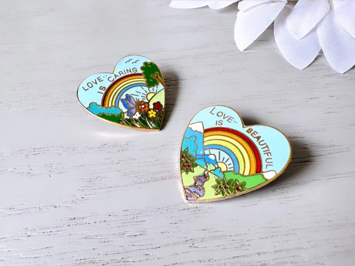Vintage Rainbow Heart Pins Duo, Set of Two Rainbow Pins 1970s Vintage, Love is Caring, Love is Beautiful, Love is Love, Friendship Pride