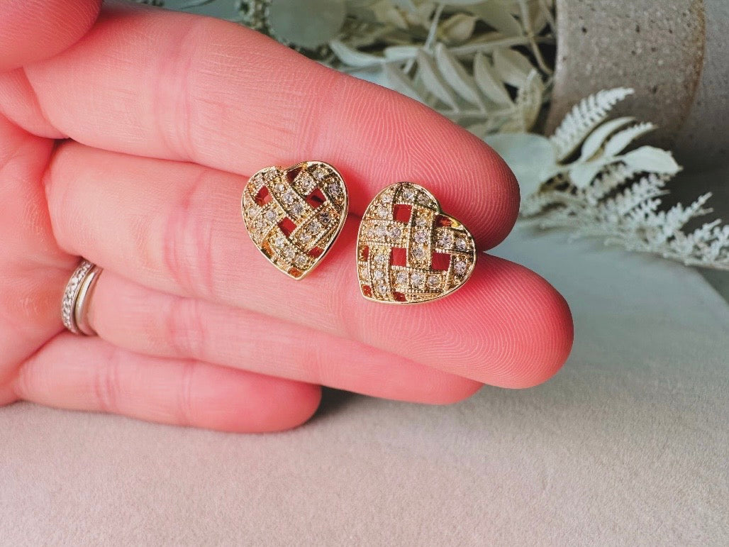 Napier Heart Earrings, Woven Gold Pave Crystal Designer Vintage Earrings