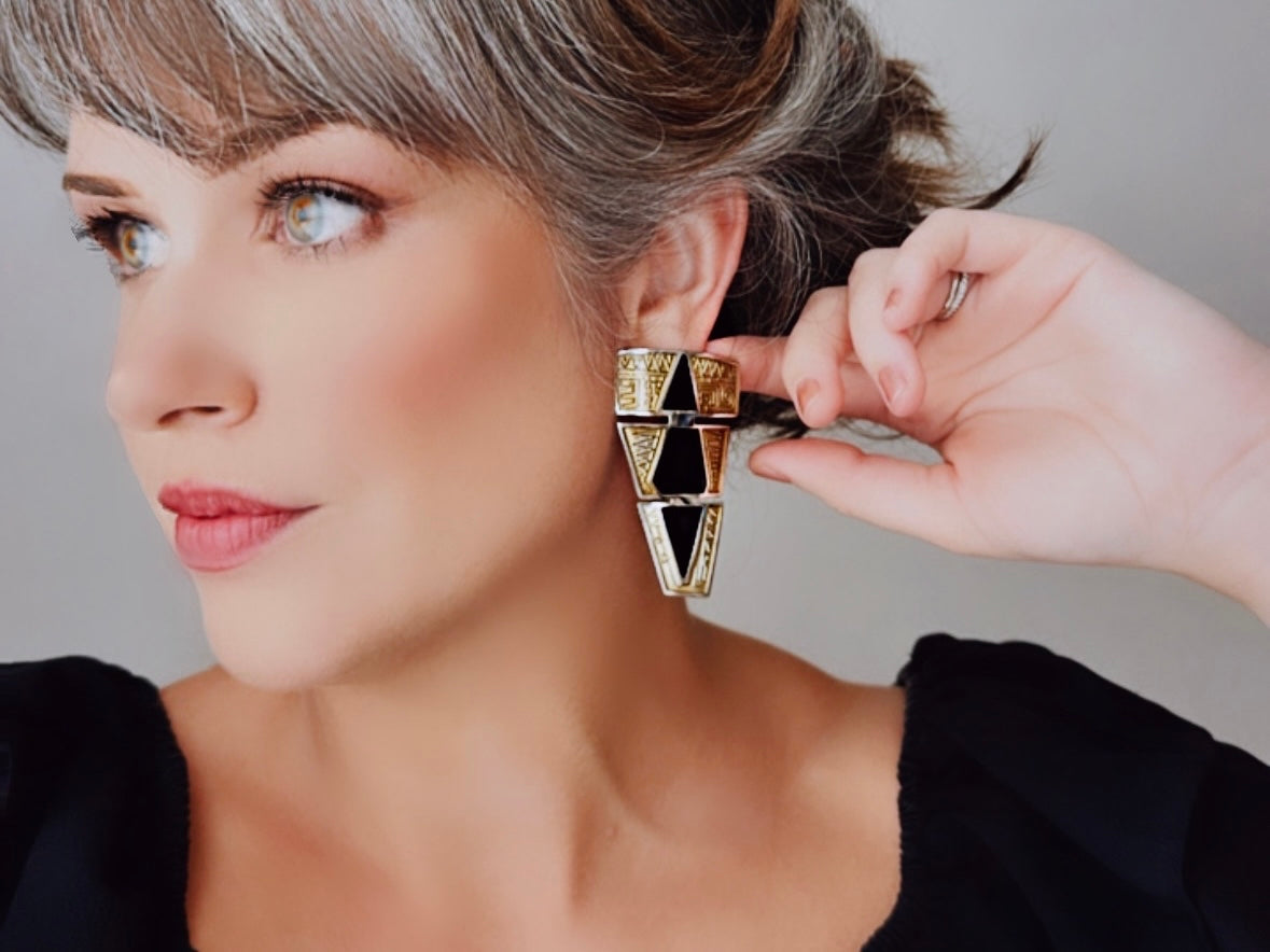 Rare Vintage Berebi Earrings, 1980s Black and Gold Pierced Post Earrings, 80s Dramatic Graduated Tiered Triangle Pierced Earrings
