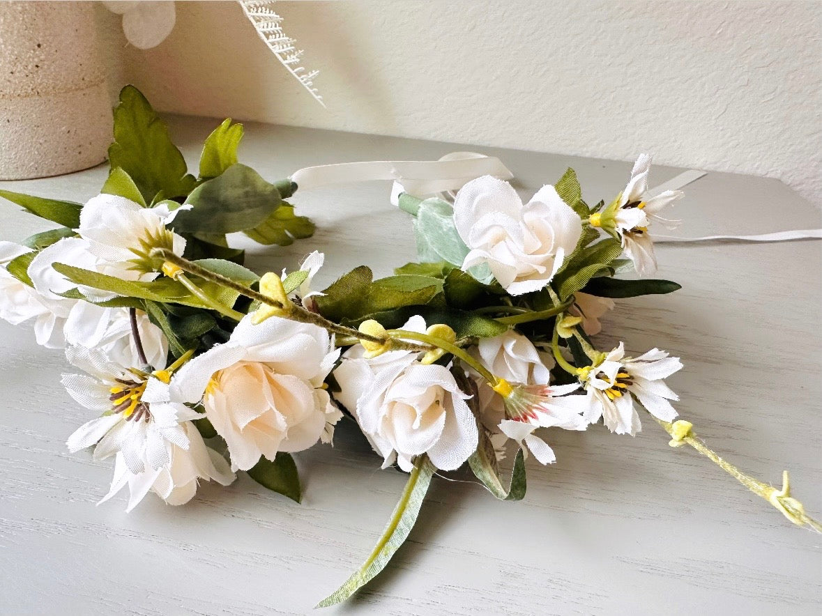 Ivory Flower Crown, Handmade Woodland Nymph Bridal Floral Hair Wreath, Cream Forest Queen Headpiece