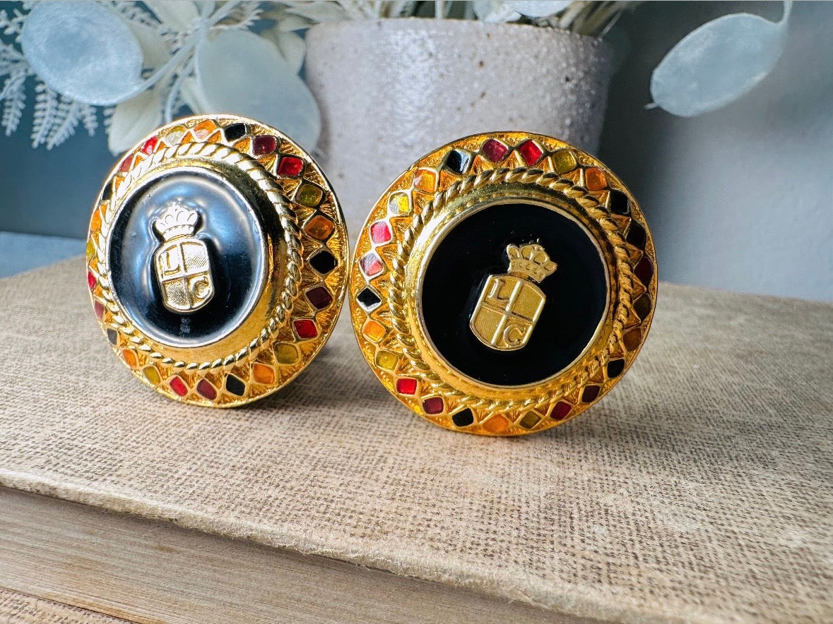 Etruscan Gold Vintage Liz Claiborne Clip On Earrings with Jeweltone Border, 1980s Classic Gold Earrings, Oversized Black Medallion Crest Non-Pierced