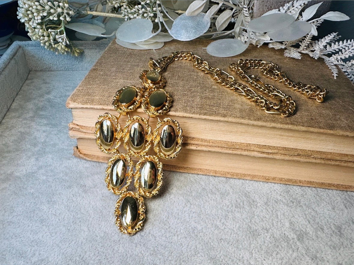 Huge Gold Pendant Necklace, Long Gold Vintage Necklace, Unique Bold Geometric Chunky Gold Necklace