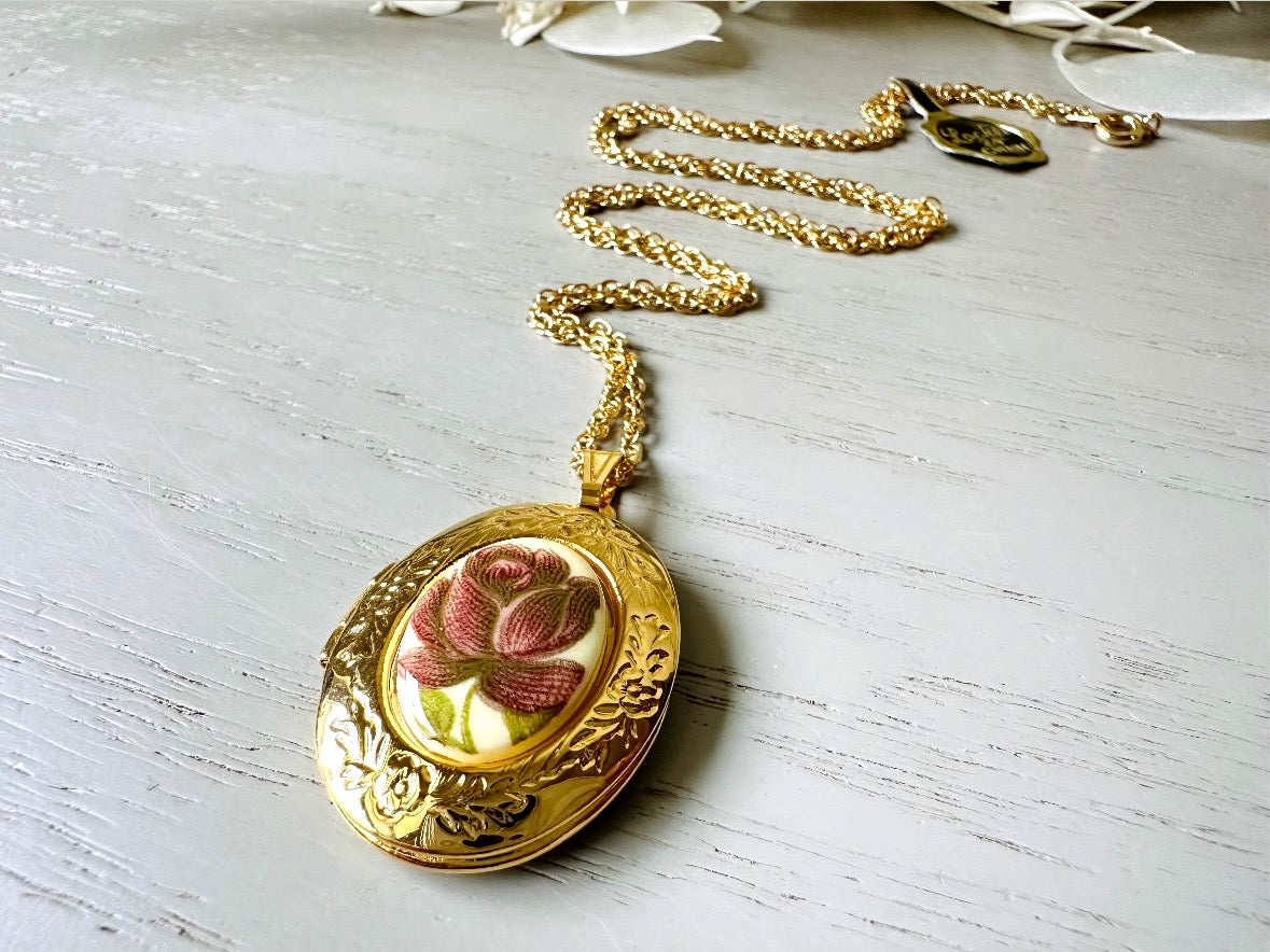 Flower Locket Necklace, Vintage Gold Chain with Plum Rose Cameo,
