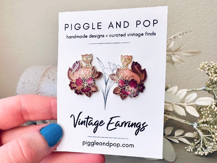 Siamese Cat Earrings, Gorgeous Floral Peach Pink and Gold Cloisonné Vintage Earrings of Cats in Flowers, Whimsical Pierced 1980s Earrings