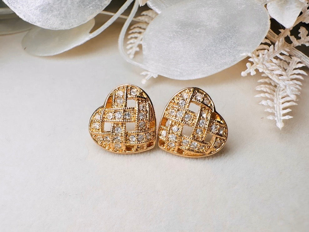 Napier Heart Earrings, Woven Gold Pave Crystal Designer Vintage Earrings