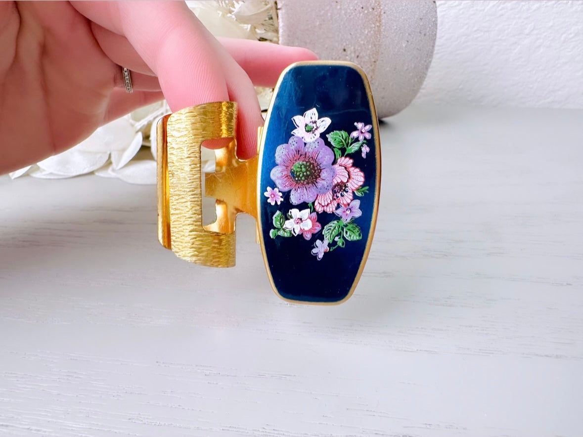 Vintage Lipstick Mirror, Vintage 1950s Cosmetic Case, Deep Navy Blue Indigo with Purple Flowers Mirror, Vtg 50s Floral Makeup Mirror