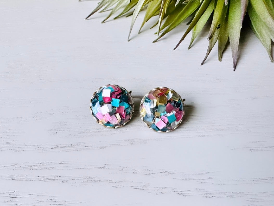 Carnival Confetti Earrings, 1962 Sarah Coventry Rainbow Party Earrings, Vintage Colorful Confetti Clip on Earrings, Mod 60s Retro Fashion