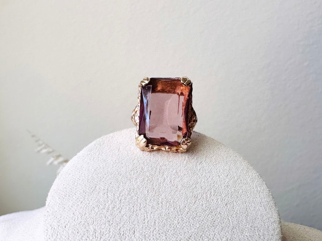 Vintage Cocktail Ring, 1973 Twilight Faux Amethyst Emerald Cut Ring