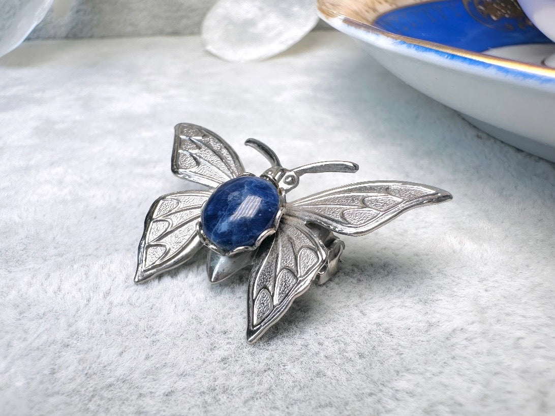 Butterfly Brooch Pin, Vintage Silver Butterfly Pin with Blue Stone Center, Vintage Brooch, Whimsical Bridal Brooch, Antique Silver Pin