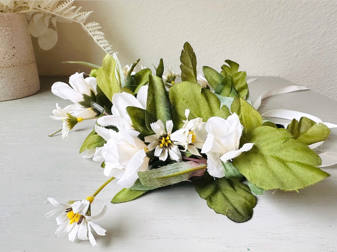 Ivory Flower Crown, Handmade Woodland Nymph Bridal Floral Hair Wreath, Cream Forest Queen Headpiece