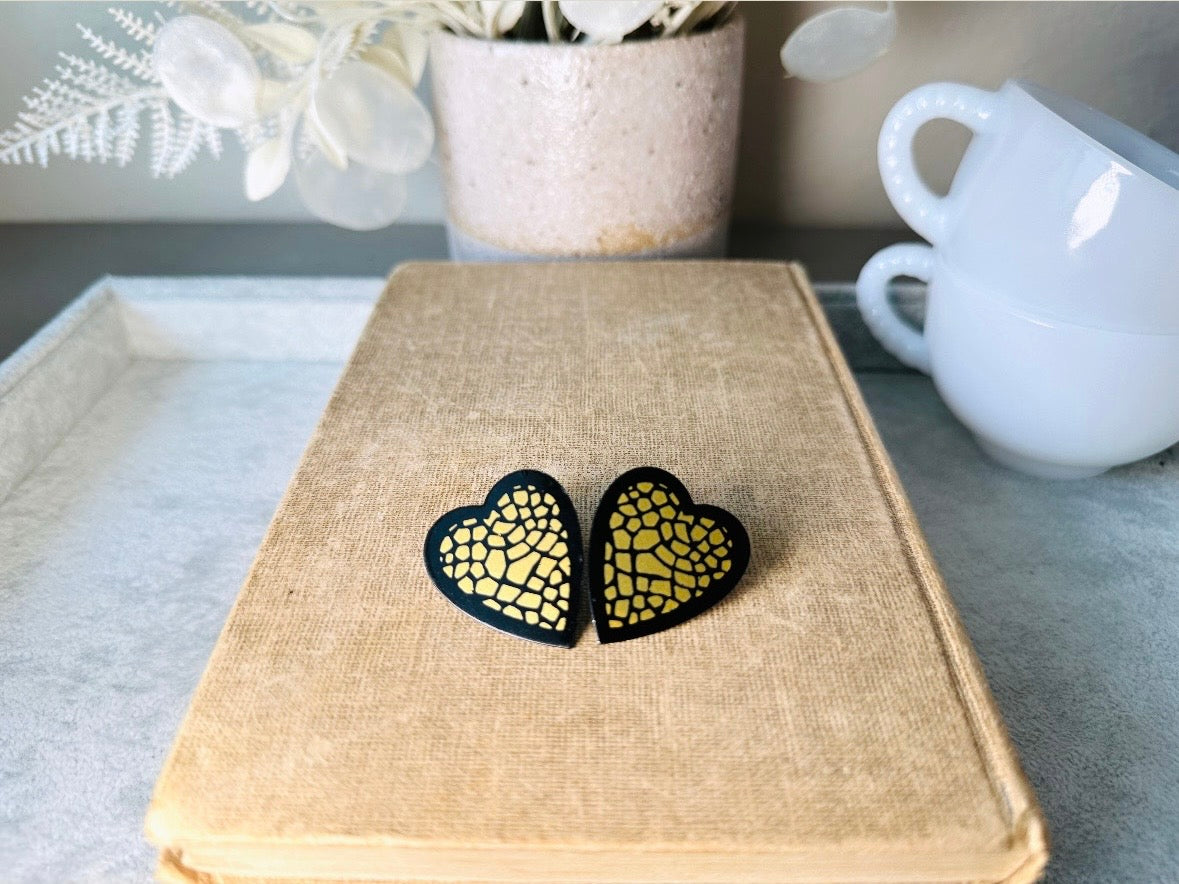 Mosaic Heart Earrings, Black and Gold Enamel Metal Heart Pierced Earrings, Unique Vintage Textured Metal Heart Pierced Post Earrings