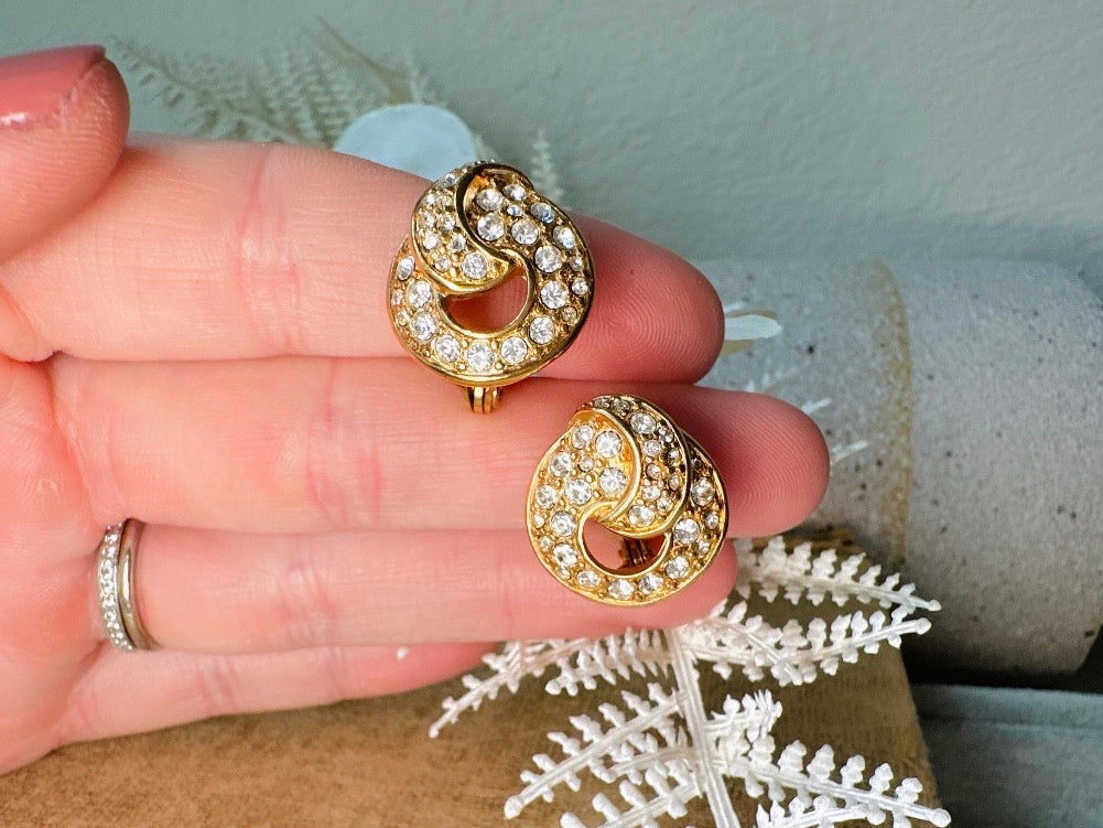 Vintage Monet Gold Knot Earrings with Diamond Rhinestones, Elegant Cocktail Clip On Earrings
