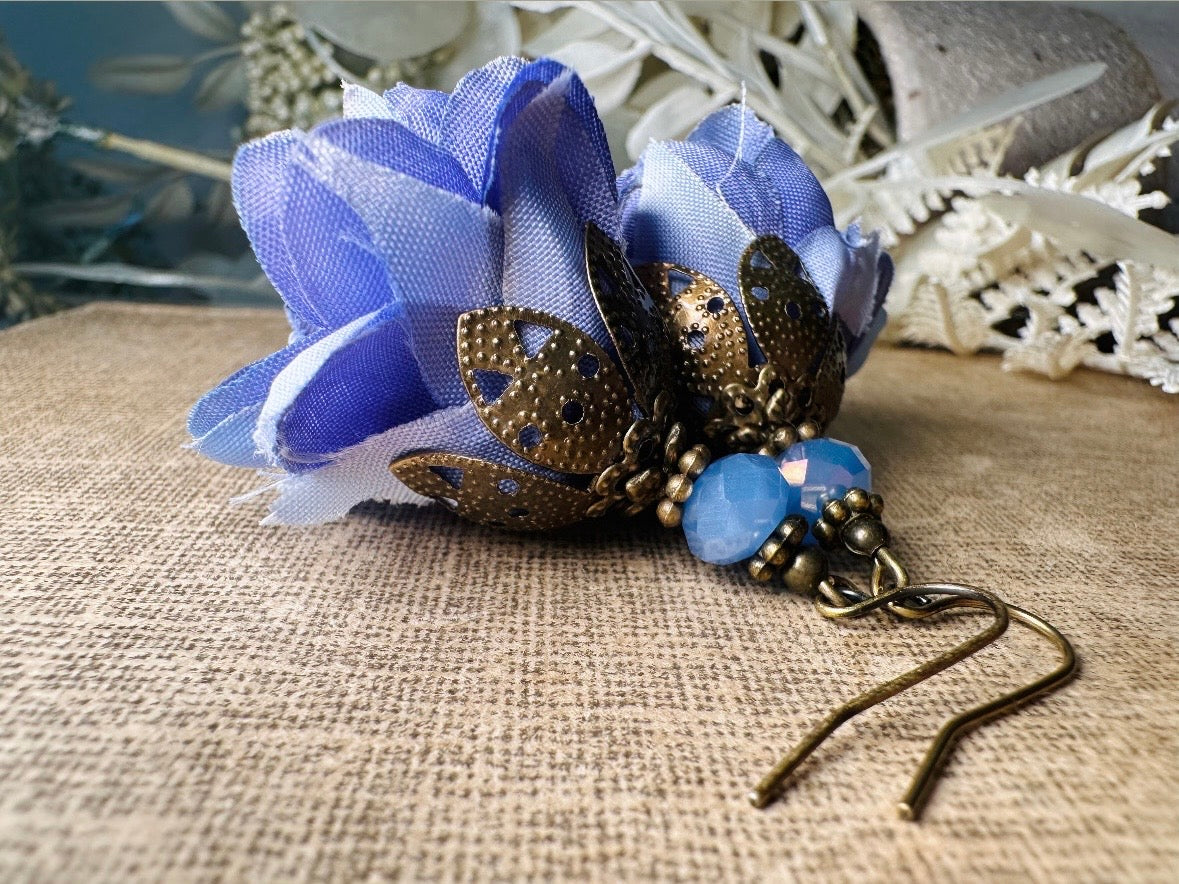 Faerie Flower Earrings in Periwinkle, Handmade Whimsical Organza Flower Earrings, Purple Blue Floral Earrings w Crystals and Hammered Bronze