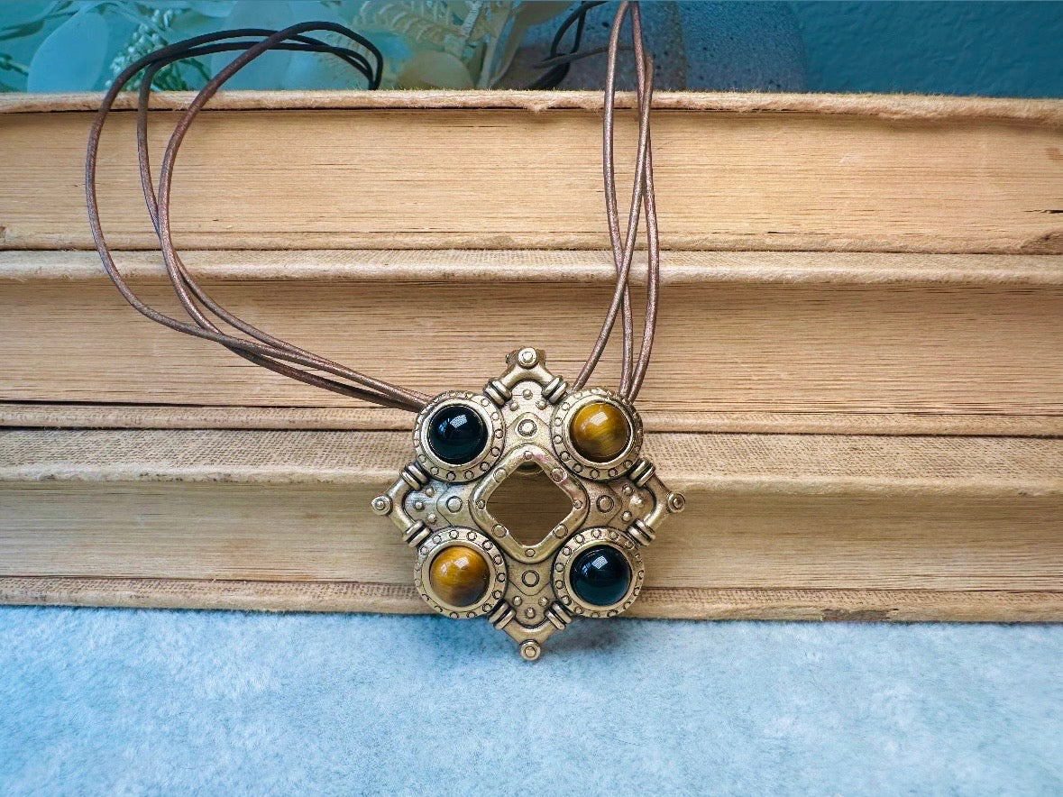 Vintage Pendant Necklace, Tigers Eye and Onyx Gemstone Pendant Necklace by Premier Designs, Etruscan Necklace with Gold Detachable Pendant