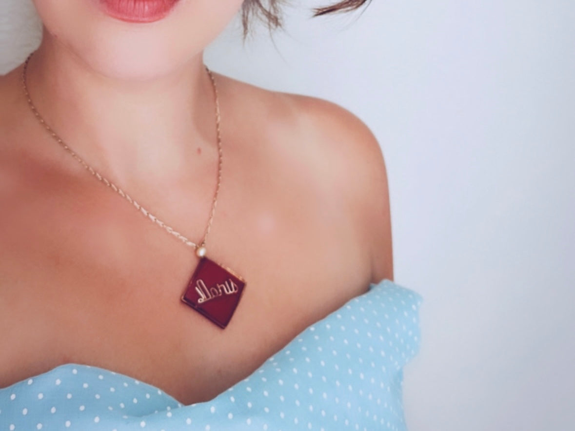 Doris Vintage Necklace, Clear + Red Lucite Diamond Shape Pendant Necklace, Personalized Doris Name Wire Work Faux Pearl, Gold Tone Chain