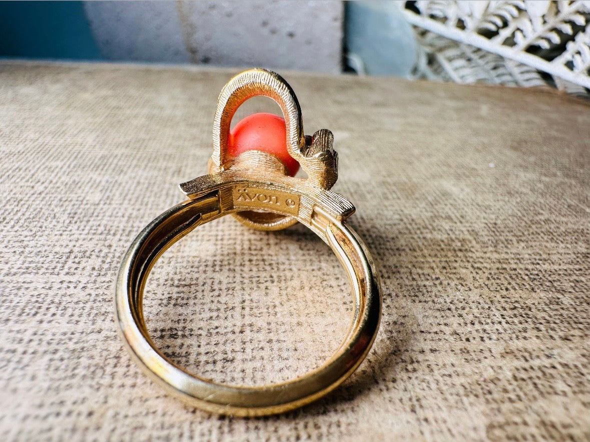 Vintage Orange Coral Ring, Avon 1975 Spindrift Ring, Faux Coral Statement Ring, Unique Gold Tone 70s Adjustable Ring Size 6-7