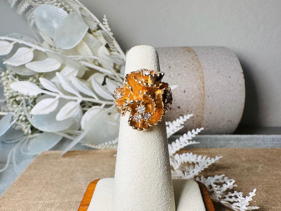 Vintage Statement Ring, Napier Ruffled Gold Flower Ring with Swarovski Crystal Accents, Chunky Multi Stone Cocktail Ring 18K Size 6 EUC