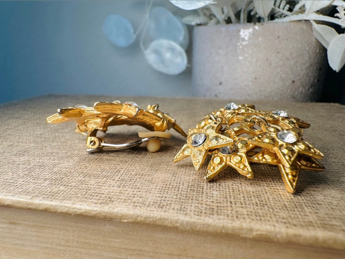 Vintage Star Earrings, Dimensional Gold and Rhinestone Statement Earrings, Unique Celestial Dangle Earrings, Star Charm Clip Ons