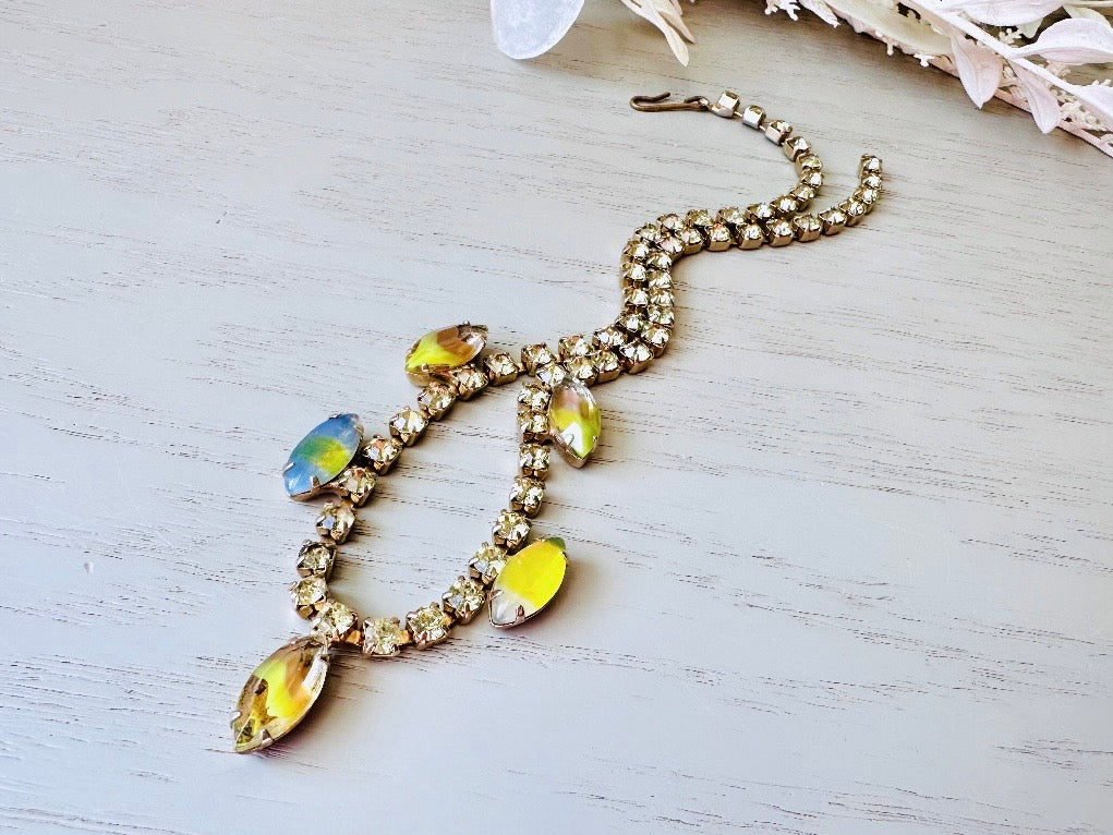 Vintage Tennis Necklace, Gorgeous Green Faux Opal 15" Crystal Choker Necklace with Prong Set Green Rhinestones and Colorburst Marquise Glass Stones