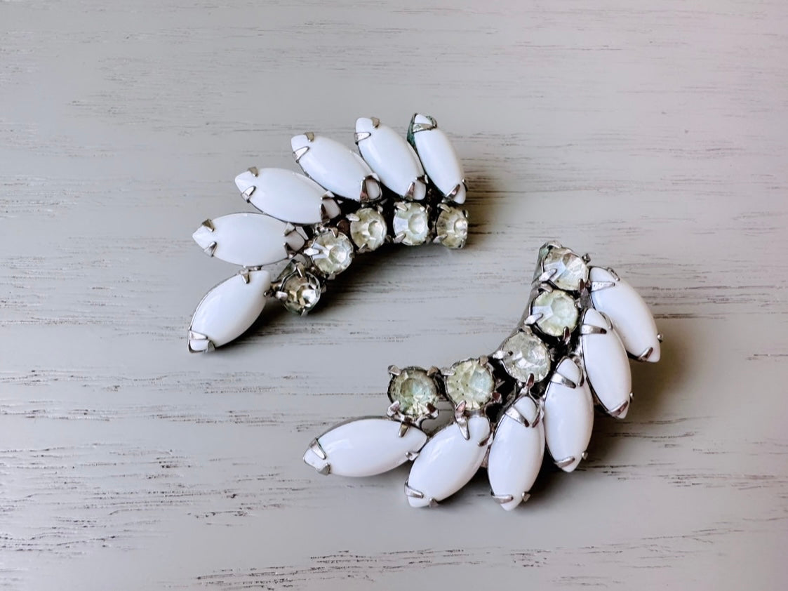Vintage Milk Glass Earrings, 1960s Dramatic Rhinestone Clip-on Earring, Prong Set Vintage Crawler Earrings, Stunning Elegant Bridal Earrings