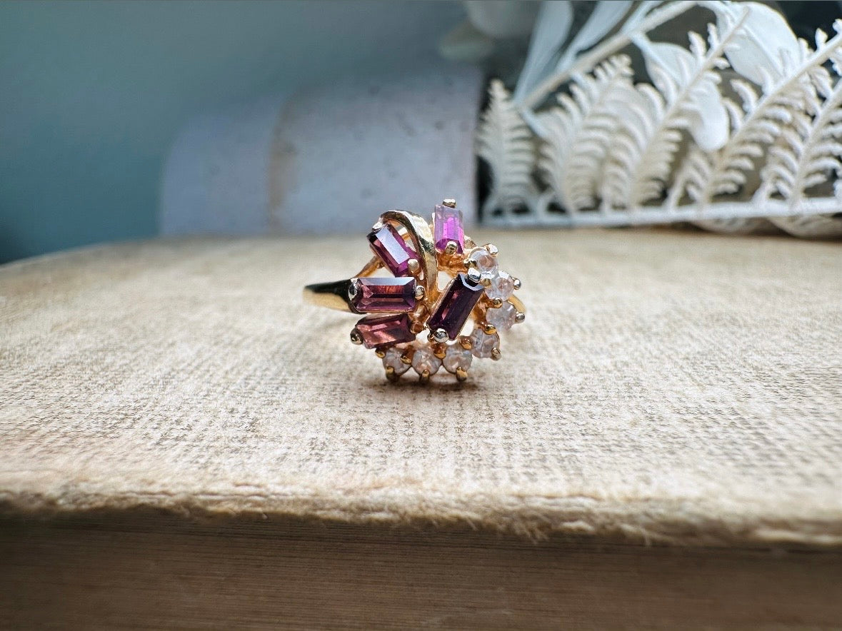 Vintage Cocktail Ring, Prong Set Plum Purple Baguette Stones in Wave with Clear Diamond Rhinestones, Gorgeous Gold Plated Cocktail Ring Sz 6