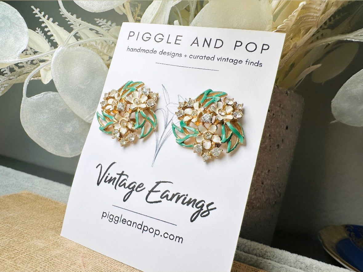 Vintage Enamel Flower Earrings, 1940s Charel Gold Floral Earrings w Green & Cream Painted Flower Clusters, Clip On Designer Signed Earrings