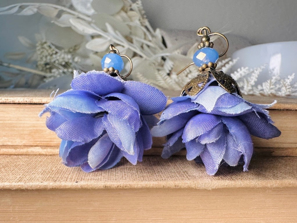 Faerie Flower Earrings in Periwinkle, Handmade Whimsical Organza Flower Earrings, Purple Blue Floral Earrings w Crystals and Hammered Bronze