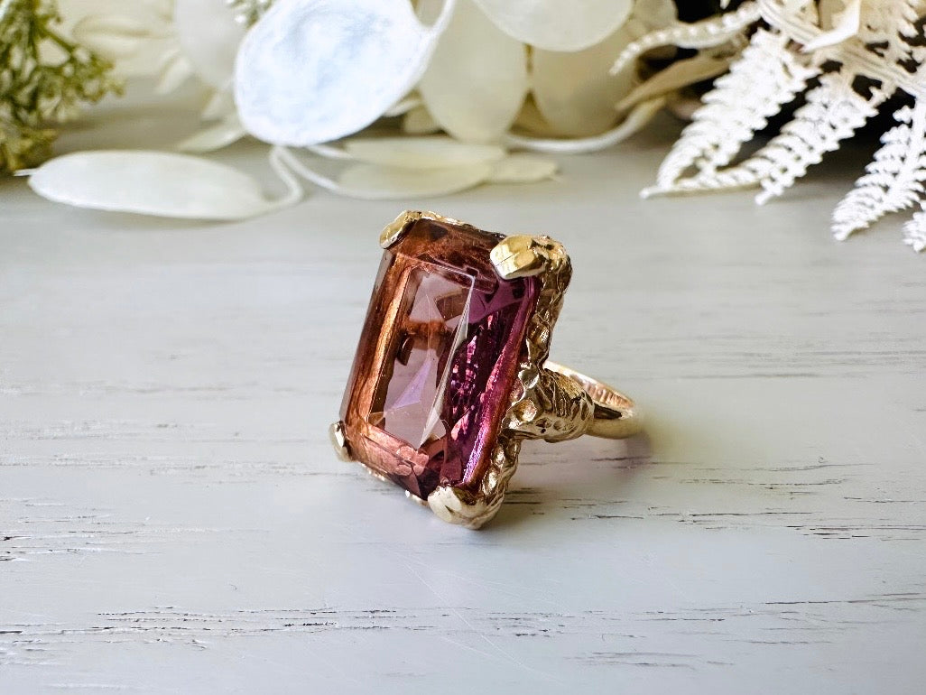 Vintage Cocktail Ring, 1973 Twilight Faux Amethyst Emerald Cut Ring