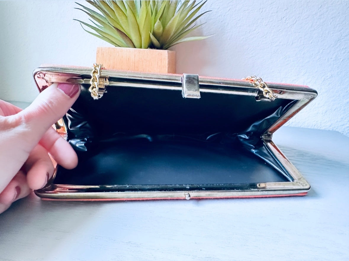 Vintage Coral Pink Clutch, Light Peach Pink Handbag with Gold Hideaway Chain, Vintage Purse, Retro 1960s Clutch, Cute Barbie Fashion