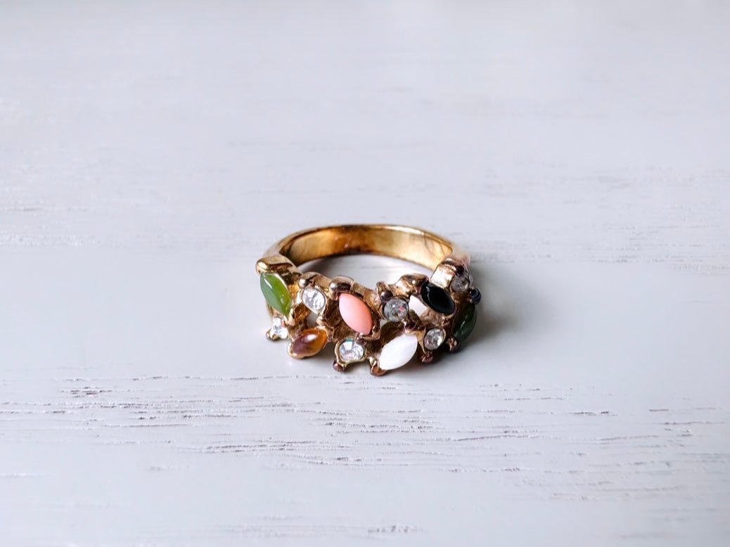 Multistone Vintage Statement Ring, Size 4.75 Fitted Ring, Tiny Marquise Cut Tiger's Eye, Jade, Carnelian, Opal and Diamond Rhinestone Ring