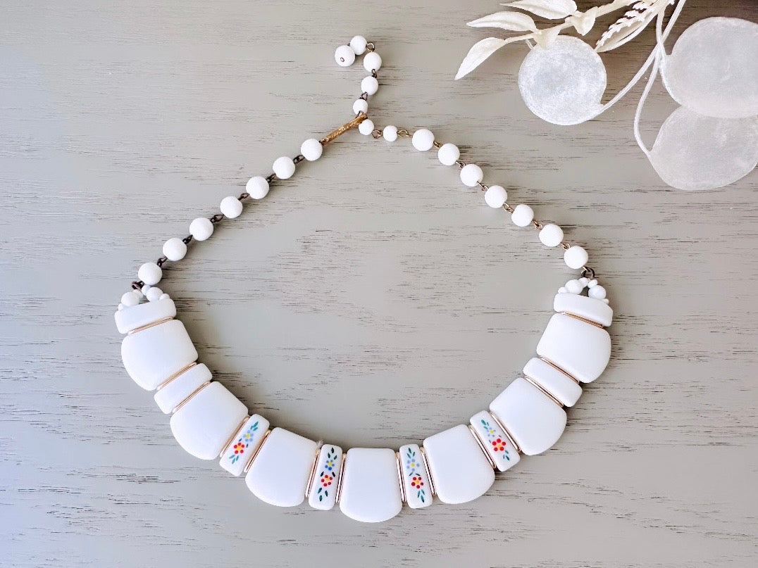 Vintage Milk Glass Choker Necklace, Gorgeous  1950s West German Jewelry Hand Painted Flowers White Vintage Necklace, Beautiful Bridal Choker