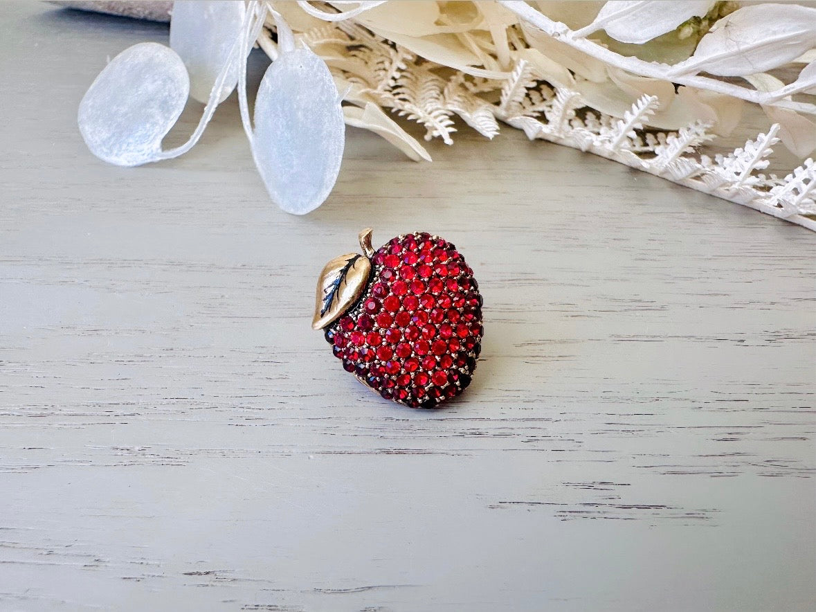 Monet Apple Brooch, Vintage Rhinestone Apple Pin, Designer Vintage Fruit Broach, Gold with Rhinestones