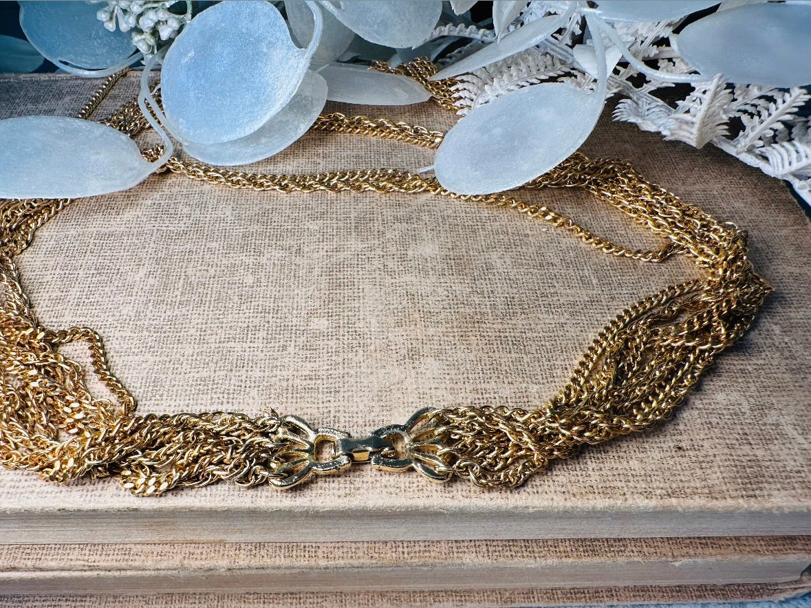 Vintage Gold Chain Multistrand Necklace, Gorgeous 8 Strand Fine Gold Chain Layered Necklace with Beautiful Butterfly Clasp